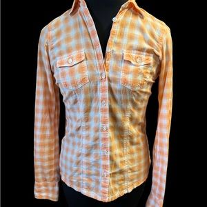 Aeropostale Women's Medium Orange Plaid Long Sleeve Button Down Casual Shirt
